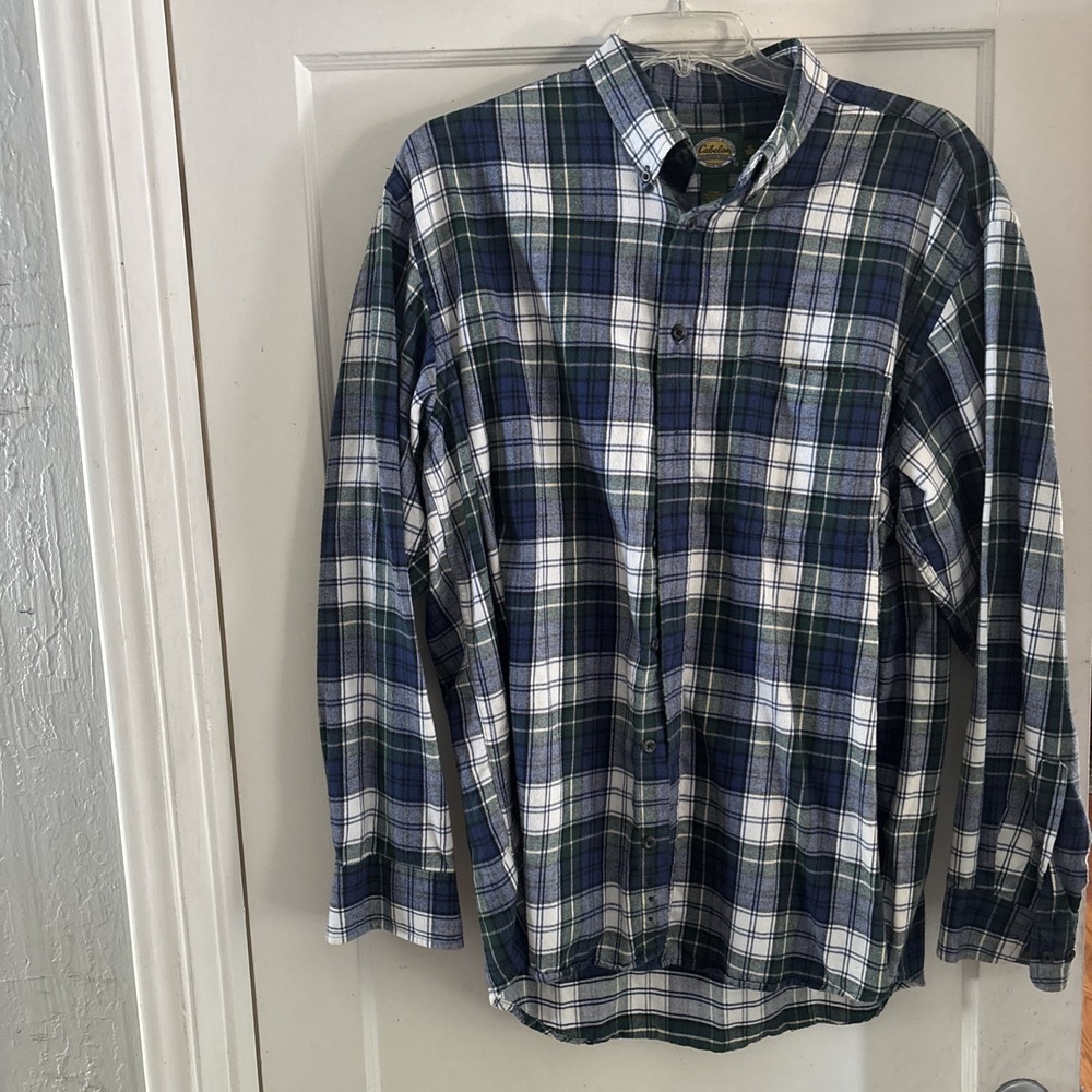 Cabelas Flannel Shirt Mens XL Tall Blue Plaid Long Sleeve Cotton Button Down